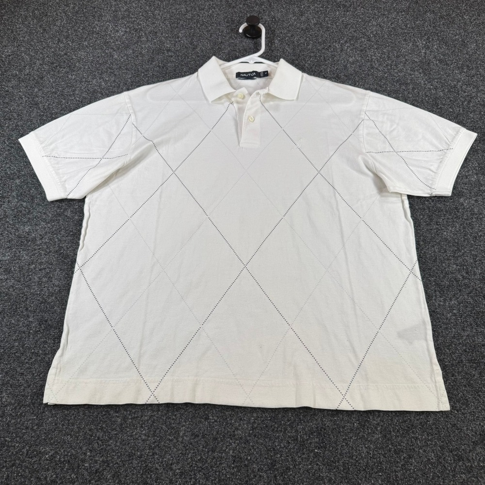 Nautica Mens White Diamond Argyle Stitched Cotton Polo Shirt Size Medium